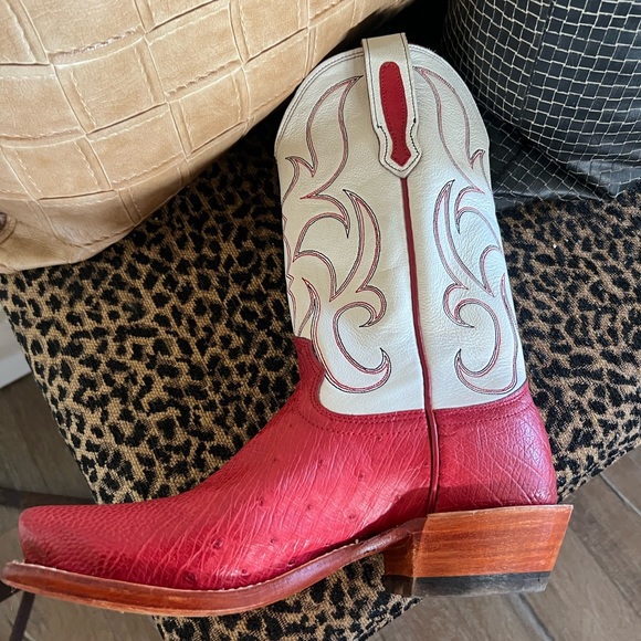 Red and Cream Smooth Ostrich Boots 7.5 B - Picture 2 of 6